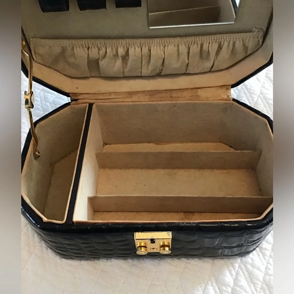 Vintage Croc Embossed JEWELRY BOX Travel Case Black Patent